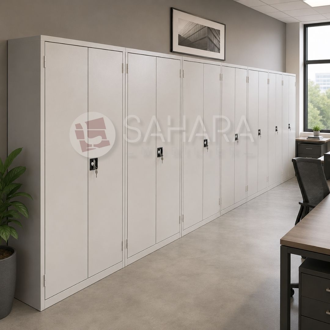 Cette armoire haute métallique est dotée de deux portes battantes et offre une grande capacité de rangement.
